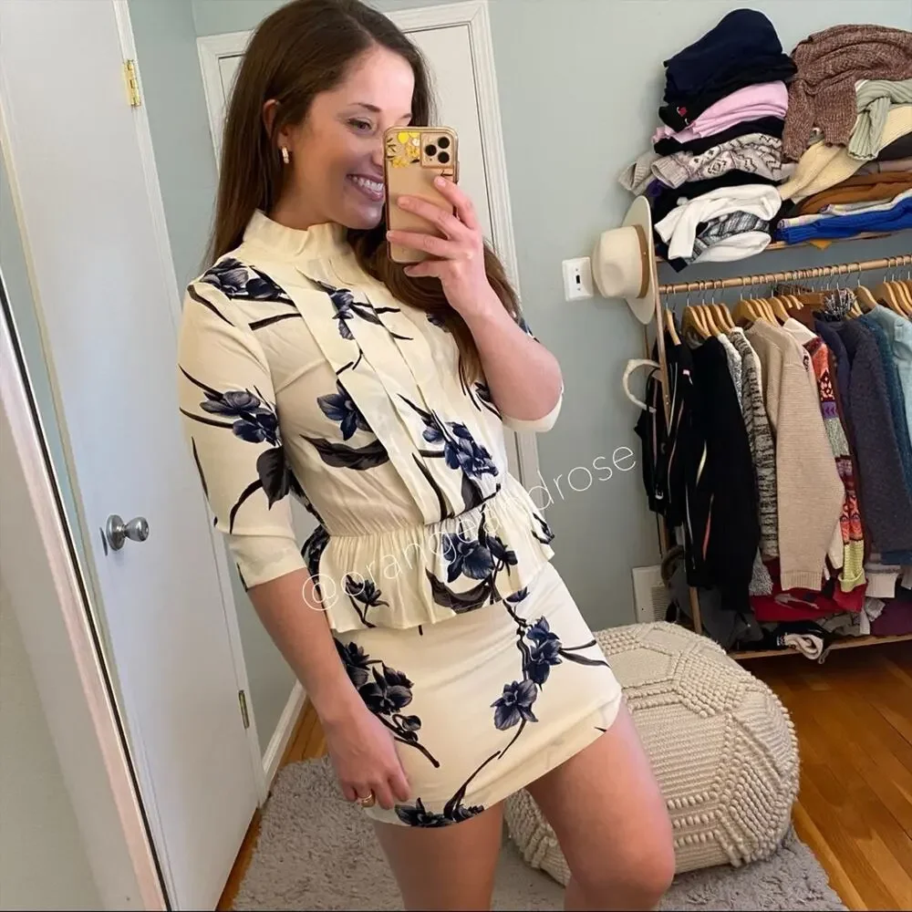 GANNI Ivory Flash Dark Floral Pleated Front High Neck Elbow Length Mini Dress XS